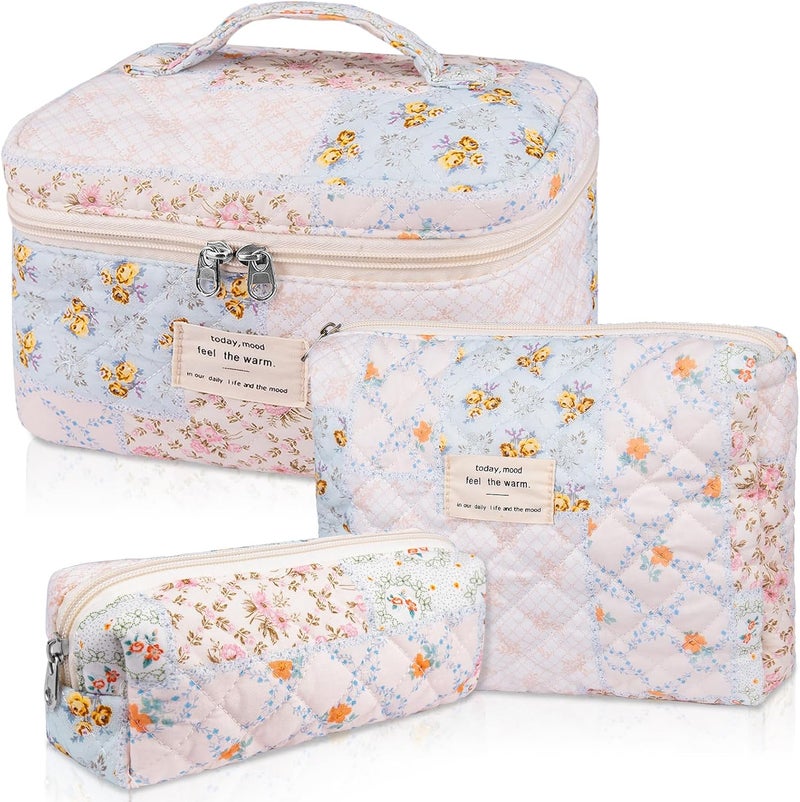 Gosect Makeup Bag Set, Quilted Makeup Bag, Large Floral Cosmetic Bag for Women, Cute Cotton Makeup Bags, Flower Travel Toiletry Organizer Bag (Folk Style) - Image 1
